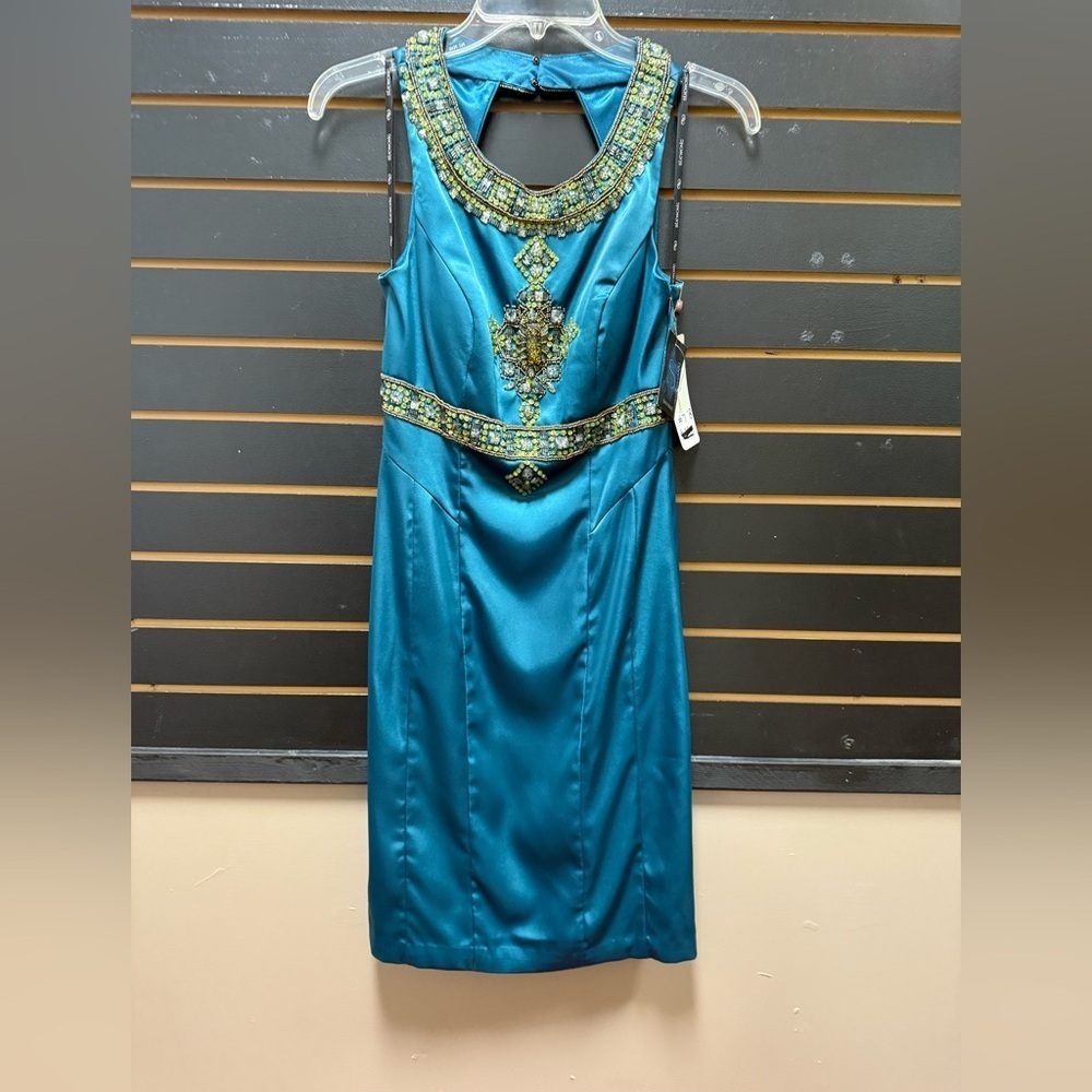 Sue Wong Blue Sheath Cocktail Dress Sleeveless Halter
